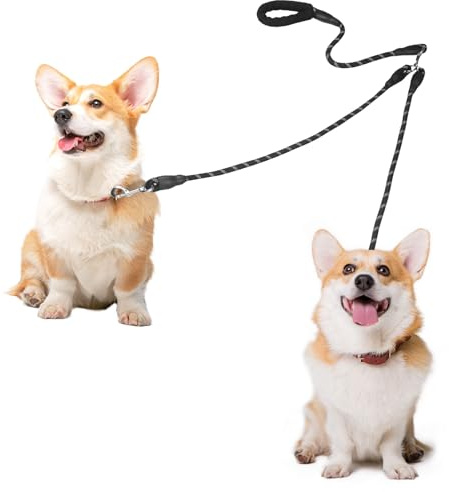 Guinzaglio doppio per 2 cani, senza groviglio, girevole a 360°, riflettente, manici imbottiti, allenamento corsa cuccioli (nero, medio)