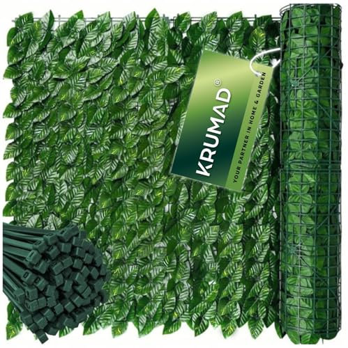 KRUMAD Künstlicher Efeu Hecke Sichtschutz 500 x 50cm, Sichtschutz Balkon und Garten, Efeu Künstlich, UV-beständig, Wetterfest, inkl. 100 Kabelbinder, Sichtschutz Zaun ohne Bohren, Grün