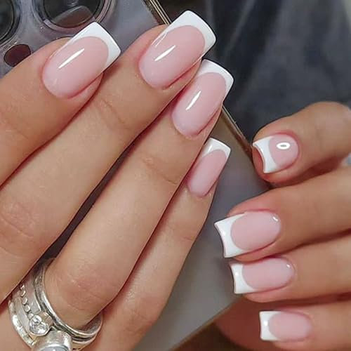 24pcs French False Nails - Press on Nails Full Cover Acrylic Fake Nails With Glue - Simple Style Stick on Acrylic Full Cover Fake Nails for Women Girls Nail Art Accessories