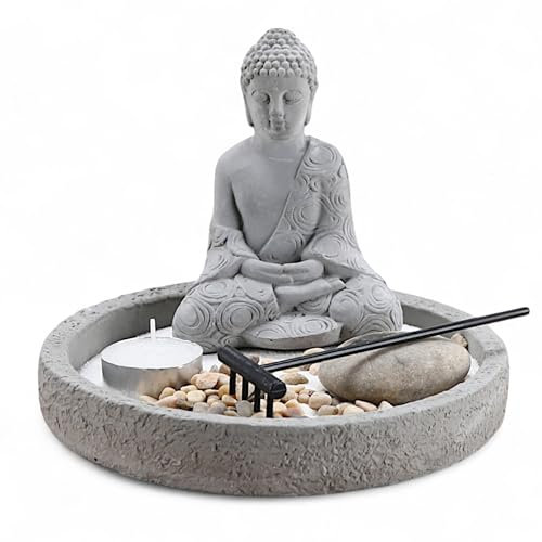 MIJOMA Figurine de Bouddha sur assiette en ciment avec photophore, râteau, pierres décoratives et sable - Ensemble de jardin zen - Décoration spirituelle pour la paix intérieure et l'harmonie (rond Ø
