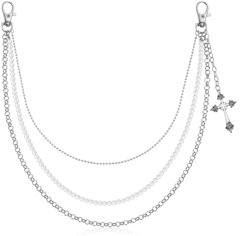 OOTSR Perlen Hosenkette Punk Hosen Kette Gothic Kette Hose Kreuzen Anhänger Jeanskette für Frauen und Mädchen Halloween Deko