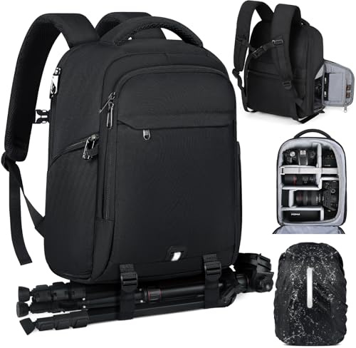 RAINSMORE Camera Bags for Photographers Camera Backpack with 15.6 inch Laptop Compartment Professional DSLR SLR Camera Bag Raincover Men Women for Canon Nikon Sony Black