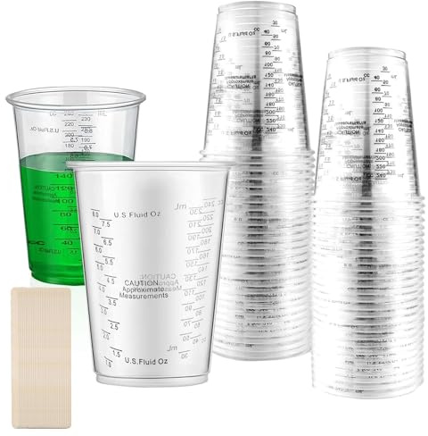 Mischbecher Messbecher, 50 240ml Messbechers, Epoxid Mischbecher, Wiederverwendbare Messbecher, Kunststoff Farbmischbecher zum Mischen von Flüssigkeiten, Harzen, Pigmenten, mit 50 Stück Mischstäbchen