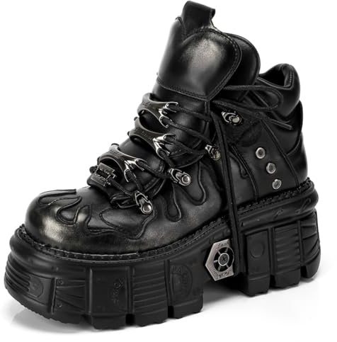 Damen Stiefel mit hohen Absätzen, Punk Gothic Cosplay Damen Stiefeletten, Chunky Platform Wedge Schuhe, Nieten Skull Pumps,Schwarz,38