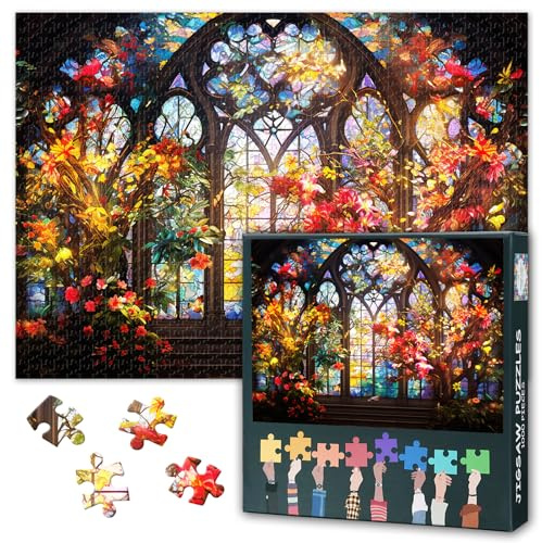 Jigsaw Puzzles für Erwachsene 1000 Stück, Bindung in Einer Alten Kirche mit Blumen und Vögeln 1000 Stück Jigsaw Puzzle, für Erwachsene, 50 x 70 cm