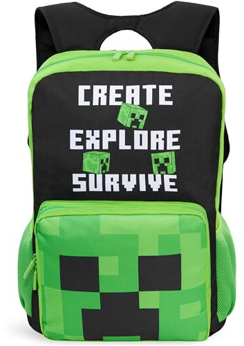 Get Trend Minecraft Schulrucksack Kinder, 46CM Geräumig Schulranzen | Creeper Gaming Rucksack mit 3 Fächern, Netztasche, Schultasche für Reise, Uni, Sport, Urlaub, Einschulung (Schwarz/Grün)