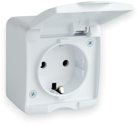 Feuchtraum 1-Fach Steckdose mit Klappdeckel, 230V, 16A, IP44, Weiß | Aufputzsteckdose, Waagerecht Aufputz, Schuko-Steckdose mit Feuchtraumsteckdose, Spritzwassergeschützt und Staubdicht
