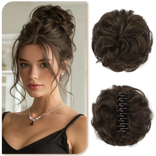 Sofeiyan Messy Bun Haarteil mit Klammer 100% Haarteile Echthaar Dutt Gewelltes Locken Clip in Claw Hair Scrunchies für Damen,Dunkelbraun & Mittelblond Zerzauste Echtes Haar Chignon