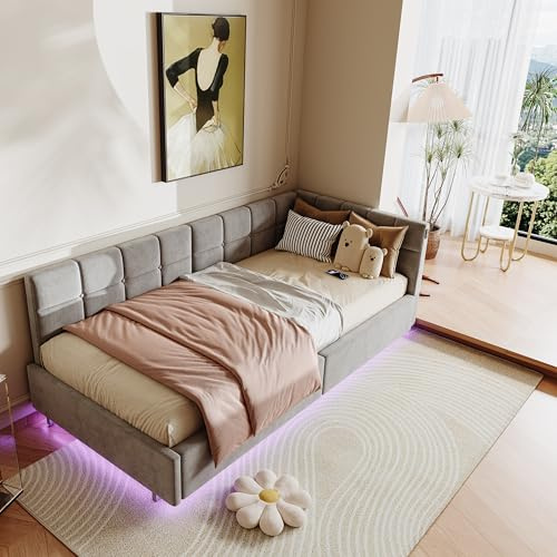 KOOPMAD Einzelbett 90x200 mit Stauraum, Polsterbett Schlafsofa mit LED und USB, Jugendbett,Gästebett Daybett Tagesbett, Boxspringbett,Kinderbett, Bettgestell mit Lattenrost,Ohne Matratze (Grau-A)