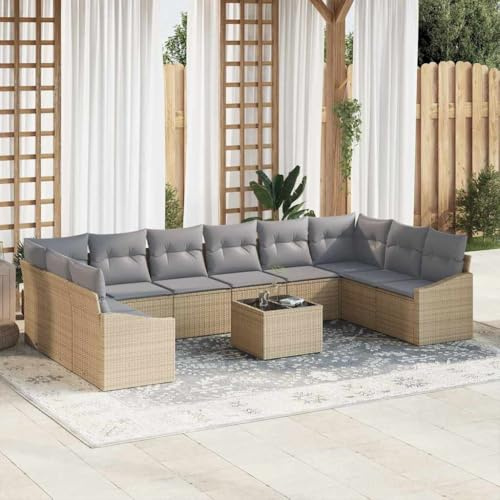 LoogCape Sofa Set mit Kissen 11-teilig Beige Poly-Rattan, Modulares Gartenmöbel-Set für Terrasse, UV-beständig, Höhenverstellbarer Tisch für 10 Personen