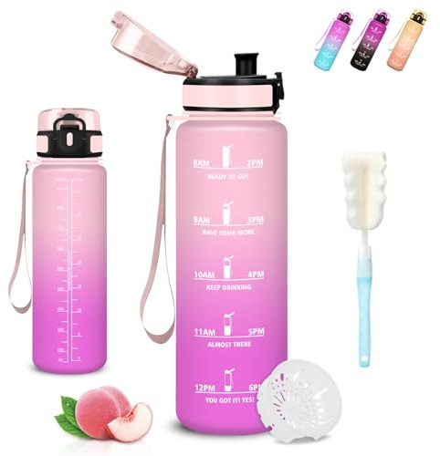 Trinkflasche 1l, Trinkflasche Sport, Auslaufsicher, Wasserflasche mit Motivierendem Slogan, Wasserflasche mit Schwammbecherbürste, Leicht zu Reinigen, Water Bottle für Fitness, Schwimmen, Triathlon