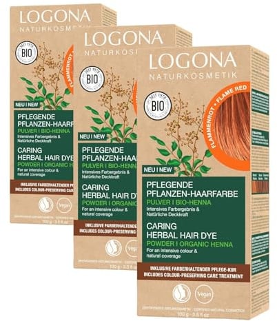 LOGONA Naturkosmetik Pflegende pflanzliche Haarfarbe, Veganes Haarfarbe-Pulver mit Bio-Henna für intensive Farbe und Glanz, Pflanzenhaarfarbe in Flammenrot (Rot), 1 x 100g (Packung mit 3)