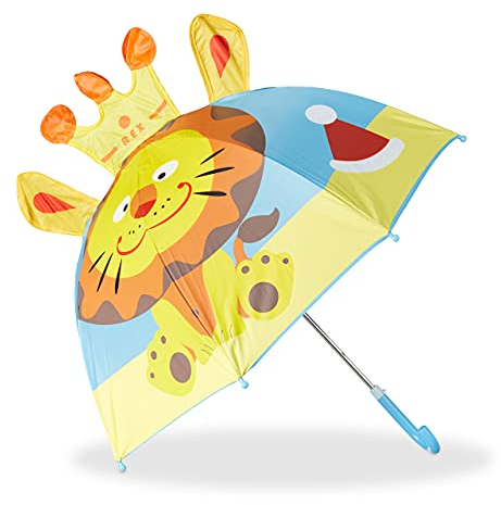 Relaxdays Kinderregenschirm mit 3D Löwe, Regenschirm für Mädchen und Jungen, kleiner Stockschirm, gelb-blau