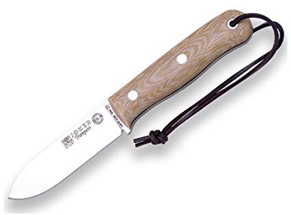 Joker Cuchillo de monte y caza Trampero CM113-P, Mango Micarta Canvas Marrón, hoja de 10,5 cm acero Sandvik 14c28n, con funda piel, pedernal, Herramienta de pesca, caza, camping y senderismo