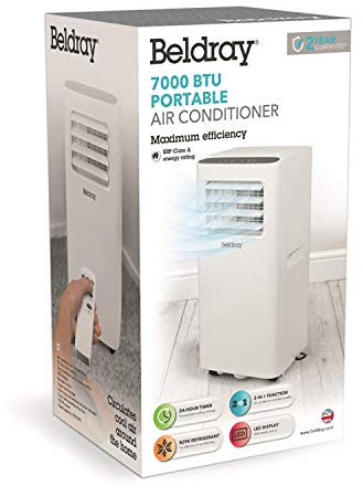 Beldray EH3269 Portable 2 in 1 Air Conditioner and Dehumidifier with LED Display and Remote Control, 7000 BTU, 785 W, Energy Class A, White