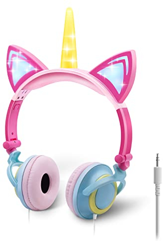 ONTA Kopfhörer Kinder,Katzen Einhorn Kopfhörer mit Leuchtenden LED Katzenohren,Faltbarer Leichter Kinderkopfhörer, 3,5mm Audio Anschluss,Verstellbares Headset mit Lautstärkeregelung für Tablets