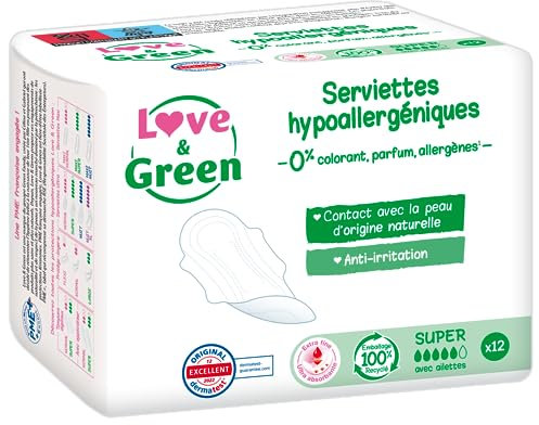 Love & Green Serviettes hygiéniques, écologiques et hypoallergéniques - certifiées Ecolabel et Dermatest - SUPER x 12 : Sans colorant, parfum, allergènes