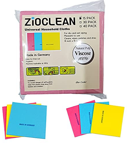 ZIOCLEAN 15 Pack German Universal Household Color Dish Cloths inch,Wide Size Machine Washable Super Absorbent, Drying Non-Woven Fabric Viscose Kitchen Cleaning Cloth Yellow, Green, Pink