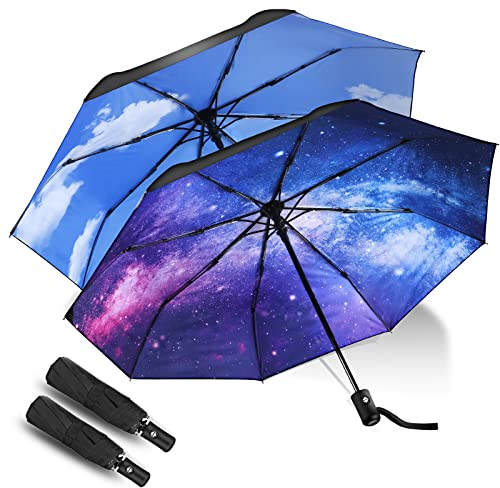 JIGUOOR 2 Pack Folding Umbrella Windproof Compact Travel, Auto Open/Close UV Protection Umbrellas w/Teflon Coating Ergonomic Handle Free Cloth Case for Mens Women (StarrySky+BlueSky)