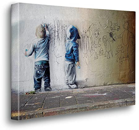 Giallobus - Gemälde - Banksy - Graffiti-Kinder - Premium Loom Canvas mit hoher Dicke - 50x35 - Bereit zum Aufhängen - Moderne Gemälde für zu Hause