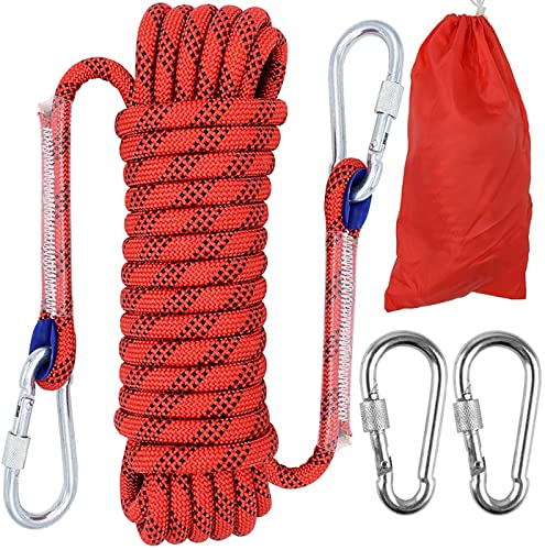 10M Corda da Arrampicata Fune di Sicurezza, 10mm Corda per Arrampicata su Roccia, Corda per Arrampicata All'Aperto con 2 Moschettone per Alpinismo, Campeggio Sportivo All'aperto, Fuga, Rosso
