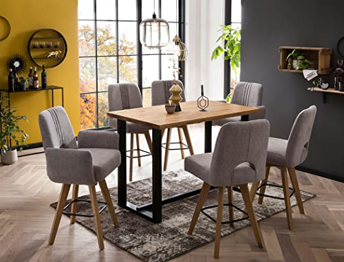 Tischgruppe Tresentisch Nikos 140x80x95 cm Eiche rustikal massiv + 4X Stuhl + 2X Sessel Naomi Bezug Kombi EC Cloud Gray, Anzahl Stühle:mit 2 Stühlen, Anzahl Sessel:mit 2 Sesseln