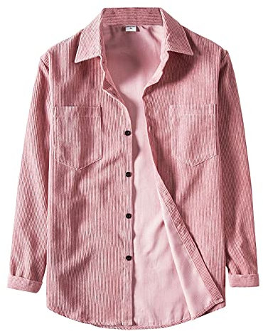 Chemise décontractée en velours côtelé de couleur unie à manches longues pour homme, rose, M