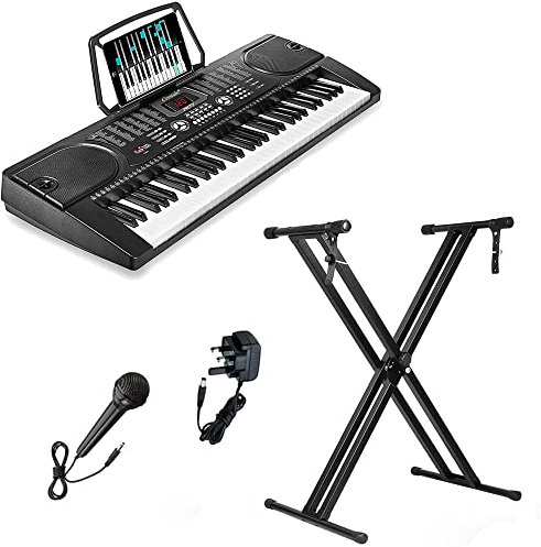 Crystals® 61 Keys Teaching Type Electronic Keyboard Digital Music Instrument Piano & Microphone with Keyboard Stand - Black (With Double Braced Stand)