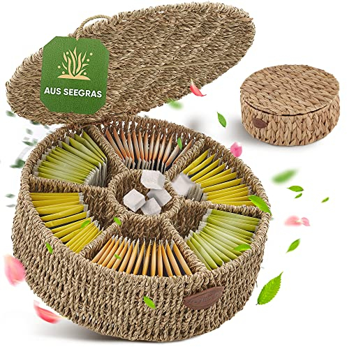 freshboho Teebox für Teebeutel [extra große Radialfächer] runde Teebeutel Aufbewahrungsbox | Organizer, Box, Tee Aufbewahrung aus Seegras | wähle dein Modell