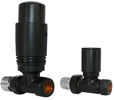 NRG Black Straight Thermostatic & Manual Valve Radiator Valves Central Heating Taps