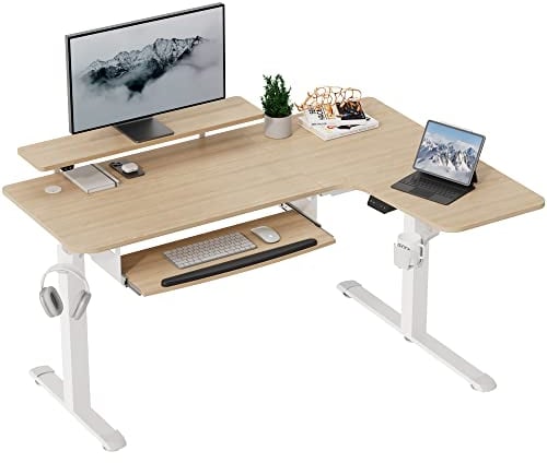 EUREKA ERGONOMIC Höhenverstellbarer Schreibtisch 155x110 cm Großer Eckschreibtisch Höhenverstellbar Schreibtisch Höhenverstellbar Elektrisch Gaming Tisch L Form mit Tastaturablage, LED Monitorständer