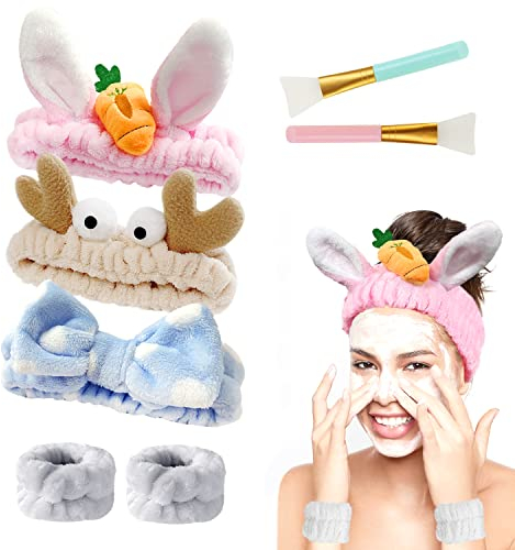 3 Stück Plüsch-Haarband, mit 1 Paar Plüsch-Armbändern und 2 Silikon-Maskenpinseln, elastischem und weichem Haarband, korallenrotem Fleece-Stirnband, Make-up-Stirnband