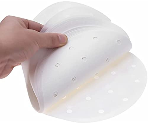 HAOSHICS Lot de 100 doublures rondes en papier parchemin perforé en bambou pour friteuse à air, panier à vapeur, cuisson à gâteaux, cheesecakes, faitout et presse à tortilla (17 cm)