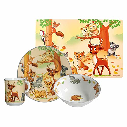 Ritzenhoff & Breker Kindergeschirr Set mit Platzset Waldtiere, 4-teilig, Bunt, Schale Becher Teller aus Porzellan, Tischset 45 x 30 cm, Kinderset mit Tiermotiven