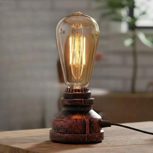 LEDSone Vintage Steampunk Pipe Table Lamp Rustic Red E27 Retro Desk Light | Rustic red finish | Steampunk pipe design | E27 holder | Ideal for bedroom, living room, bedside & office décor
