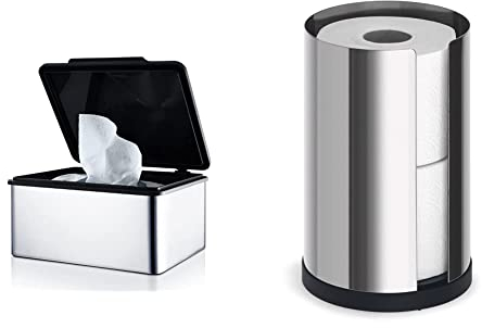 blomus -MENOTO- Feuchttücherbox aus poliertem Edelstahl, mit praktischem Kunststoffeinsatz, Exklusive Optik & NEXIO- WC-Rollenhalter aus poliertem Edelstahl