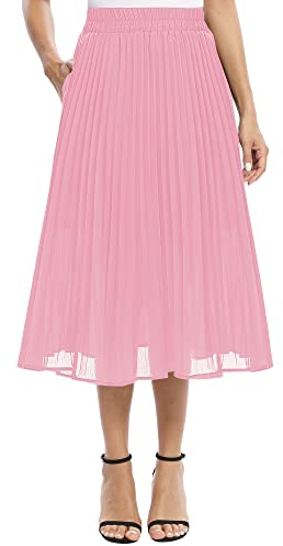 EXCHIC Damen Fließender Chiffon Elastisch Taille Midi Rock Freizeit A-Linie Knielange Falten Rock mit Tasche (S, Rosa)