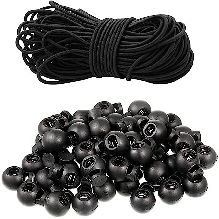 Drawstring Cord 100 Pcs Toggles for Drawstrings and 15m/49ft Black Elastic Cord 2mm Sturdy drawstring toggle and Round Black Elastic Cord for Shoelaces, Clothing, Bag, Backpack, etc