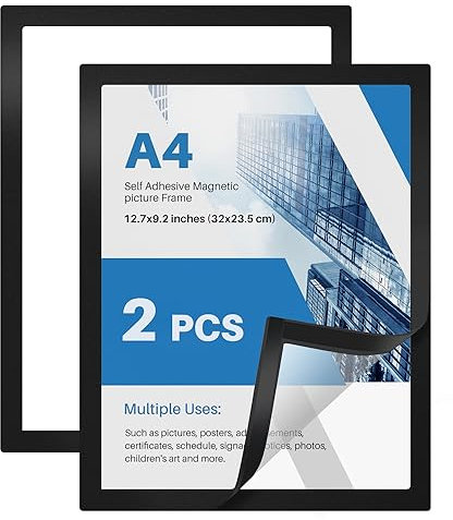 WenYa A4 Magnetic Photo Frames, Black Self Adhesive Certificate Frame, A4 Magnetic Paper Display Frame Set for Pictures, Photos, Ads, Notices, Certificates, Paintings, Posters (2 PCS)