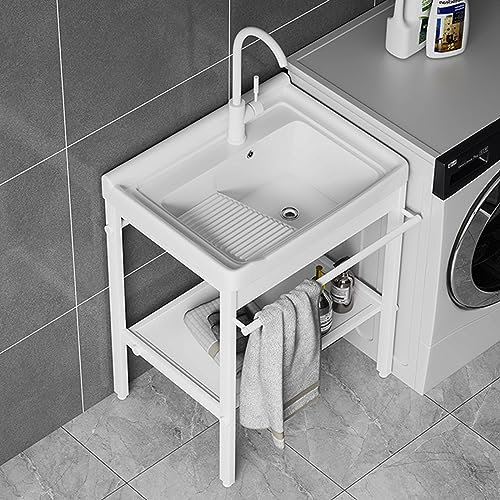 Hltdzer Fregadero de cerámica para exterior con soporte negro fregadero de cerámica de acero inoxidable de lavandería Con desagüe, tubería de agua,apto para balcón,jardín,lavadero,garaje ( Size : 61*4