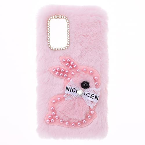 YKTO Flauschige Kaninchen Handyhülle für Nokia G22 Niedliche Glitzer Diamant Perlen Kaninchen Handyhülle Bequeme Kunstplüsch Handyhülle Plüschhülle Flauschige Nokia G22,Rosa Hase
