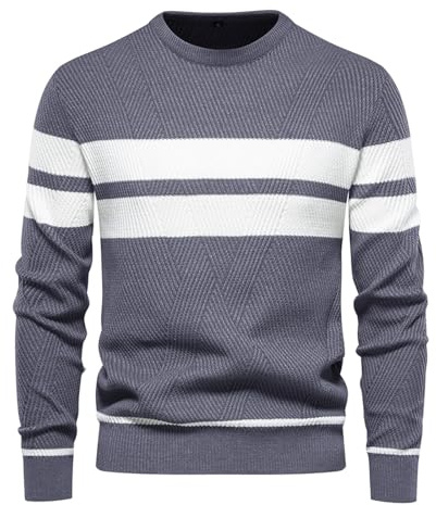Genfien Jersey para Hombre Cuello Redondo A Rayas | Suéter de Punto,Básico,Cálido,Otoño Invierno