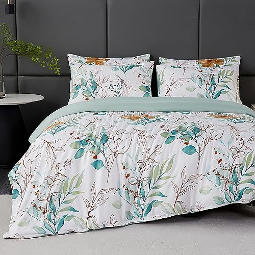 Jemiipee Blumen Bettwäsche-Set mit Grünes Eukalyptus-Blatt-Muster, 1 x Bettbezug 220x240 cm mit 2 x Kissenbezüge 80x80 cm und Reißverschluss, Weiche 100% Mikrofaser Bettwäsche Modern, Weiß Grün