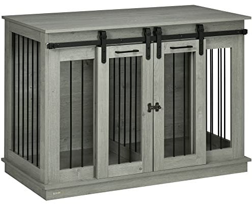 PawHut Dog Crate Furniture, Dog Cage for 1 Large or 2 Small Pets, with Divider, Sliding Doors, Grey