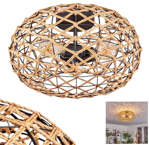 HOFSTEIN Deckenleuchte Mulstrand, Deckenlampe aus Metall/Rattan in Schwarz/Natur, Leuchte im Boho-Design Ø 40 cm, Lichteffekt durch Gitter-Optik, 3 x E27, Esszimmmer, Schlafzimmer, Wohnzimmer, Küche