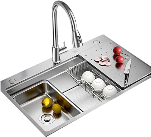 Fregadero De Cocina Plateado Grande, Fregadero De Un Seno De Acero Inoxidable con Grifo Extraíble, Lavabo Móvil Y Accesorios De Drenaje, Fregadero De Restaurante Grande, Fregadero De Barra F