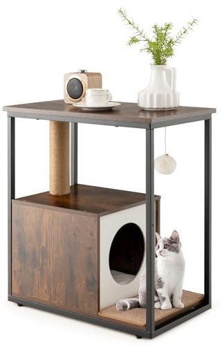 COSTWAY Table d'Appoint et Condo pour Chat, Maison pour Chat avec Griffoir et Tapis à Gratter Amovible, Arbre à Chat avec Balle Suspendue et Dispositif Anti-Basculement, pour Salon, Chambre (Marron)