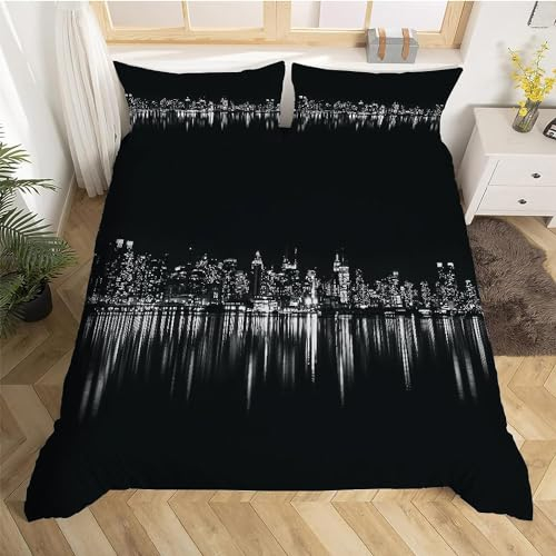Tizhweqo New York Bettwäsche 135x200 New York Bettwäsche Set Weiche Mikrofaser 3D Druck Schwarz und Weiß Bettbezug Set mit Reißverschluss Bettbezüge und 2 Kissenbezug 80x80 cm C8287