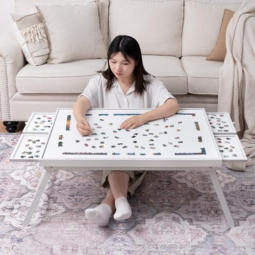 TEAKMAMA 1500 Stück Holz Jigsaw Puzzle Board mit 4 Schubladen, Faltbarer Puzzletisch mit Schutzhülle, Puzzlebrett mit Beinen, Multifunktionales Puzzlebrett für Erwachsene, 34W x 26,3D, Weiß