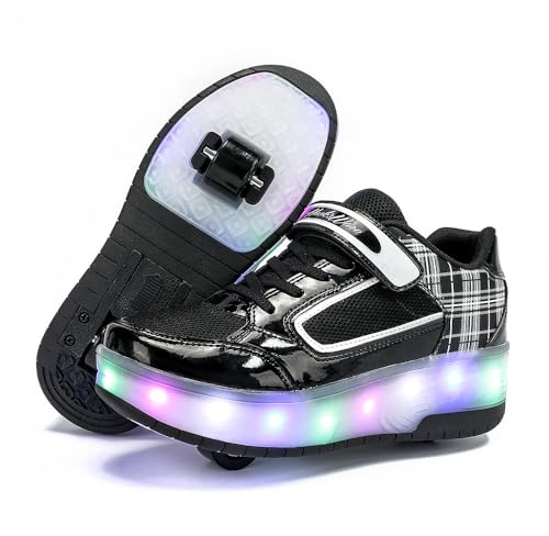 Jungen Mädchen Automatisch 2 Räder Skateboardschuhe, Rollschuhe für Kinder Schuhe Mit Doppelt Rollen, Outdoor Fitnessschuhe Sneakers, Schwarz-Weiß, 33 EU